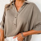 Simply Taupe Collared Half Buttons Folded Short Sleeve Oversize Top