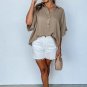 Simply Taupe Collared Half Buttons Folded Short Sleeve Oversize Top