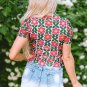 Fiery Red Retro Floral Print Crew Neck T Shirt