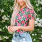 Fiery Red Retro Floral Print Crew Neck T Shirt
