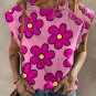 Pink Flower Print Round Neck Cap Sleeve T Shirt