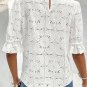 White Flower Eyelet Jacquard Keyhole Flounce Sleeve Top
