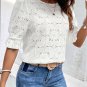 White Flower Eyelet Jacquard Keyhole Flounce Sleeve Top