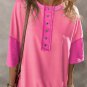 Rose Red Contrast Color Patchwork Half Button T Shirt
