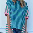 Blue Stripe Colorblock Patchwork Baggy T Shirt