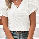 White V Neck Petal Sleeve Waffle Knit T Shirt