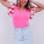 Bonbon V Neck Printed Ruffle Sleeve Patchwork T Shirt