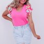 Bonbon V Neck Printed Ruffle Sleeve Patchwork T Shirt