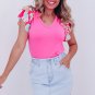Bonbon V Neck Printed Ruffle Sleeve Patchwork T Shirt