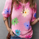 Pink Textured Colorful Floral Print Puff Sleeve T Shirt
