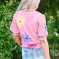 Pink Textured Colorful Floral Print Puff Sleeve T Shirt