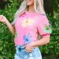 Pink Textured Colorful Floral Print Puff Sleeve T Shirt