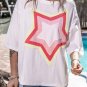 White Colorblock Star Patched Half Sleeve Oversized Tee