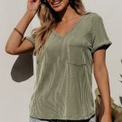 Laurel Green Twist Short Sleeve Corded V Neck Top