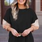 Carbon Grey Color Block Ribbed Knit Quarter Sleeve Top