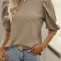 Simply Taupe Vintage Textured Puff Sleeve Mock Neck Top