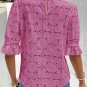 Bright Pink Flower Eyelet Jacquard Keyhole Flounce Sleeve Top