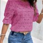 Bright Pink Flower Eyelet Jacquard Keyhole Flounce Sleeve Top