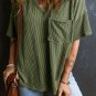 Jungle Green Corded V Neck Chest Pocket Loose T Shirt