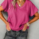 Bright Pink Crinkled V Neck Wide Sleeve T Shirt