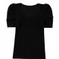 Black Waffle Knit Ruched Puff Sleeve Top