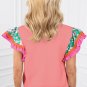 Peach Blossom Contrast Ricrac Floral Sleeve Top