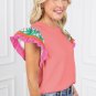 Peach Blossom Contrast Ricrac Floral Sleeve Top