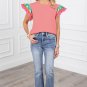 Peach Blossom Contrast Ricrac Floral Sleeve Top