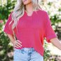 Strawberry Pink Textured Knit Split Neck Cuffed Short Sleeve Top