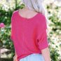 Strawberry Pink Textured Knit Split Neck Cuffed Short Sleeve Top
