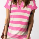Pink Stripe V Neck Collared Cap Sleeve Top
