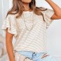 Apricot Striped Lace Splicing Ruffle Sleeve T Shirt