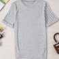 Gray Ribbed Splicing Sleeve Round Neck T Shirt