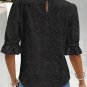 Black Flower Eyelet Jacquard Keyhole Flounce Sleeve Top