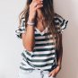 Sea Green Striped V Neck Ruffle Sleeve Top
