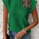 Dark Green Wavy Textured Mock Neck Cap Sleeve Top