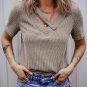 Pale Khaki Ribbed Buttoned Strappy V Neck Tee