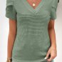 Mist Green V Neck Petal Sleeve Waffle Knit T Shirt