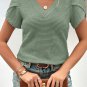 Mist Green V Neck Petal Sleeve Waffle Knit T Shirt