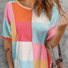 Light Blue Waffle Knit Colorblock Loose T Shirt