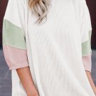 White Color Block Ribbed Knit Quarter Sleeve Top