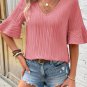 Peach Blossom Ruffled Half Sleeve V Neck Textured Top