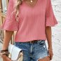 Peach Blossom Ruffled Half Sleeve V Neck Textured Top