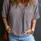 Light Grey Corded V Neck Chest Pocket Loose T Shirt