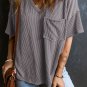 Light Grey Corded V Neck Chest Pocket Loose T Shirt