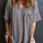 Light Grey Corded V Neck Chest Pocket Loose T Shirt