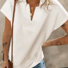 White Textured V Neck Collared Short Sleeve Top