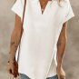 White Textured V Neck Collared Short Sleeve Top