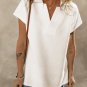 White Textured V Neck Collared Short Sleeve Top