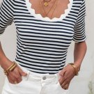 Black Striped Contrast Scallop Trim Half Sleeve T Shirt